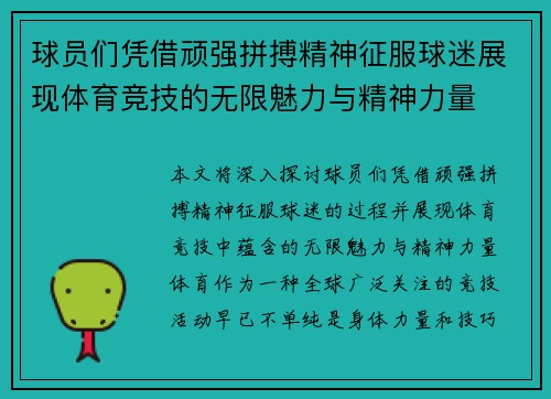 球员们凭借顽强拼搏精神征服球迷展现体育竞技的无限魅力与精神力量