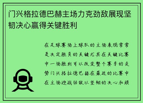 门兴格拉德巴赫主场力克劲敌展现坚韧决心赢得关键胜利