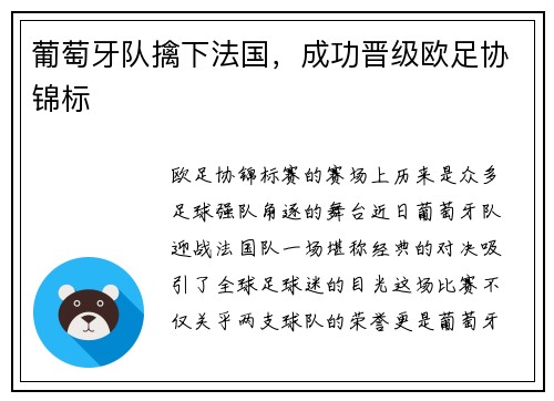 葡萄牙队擒下法国，成功晋级欧足协锦标