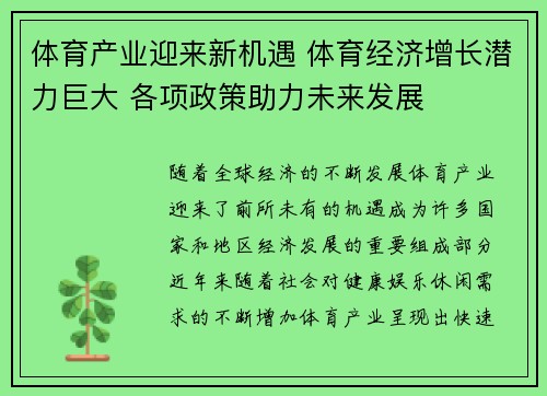 体育产业迎来新机遇 体育经济增长潜力巨大 各项政策助力未来发展