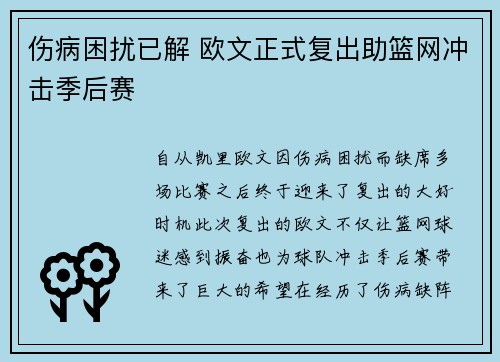 伤病困扰已解 欧文正式复出助篮网冲击季后赛