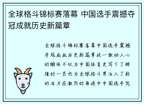 全球格斗锦标赛落幕 中国选手震撼夺冠成就历史新篇章