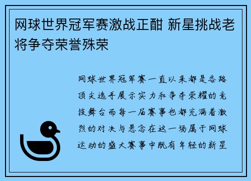 网球世界冠军赛激战正酣 新星挑战老将争夺荣誉殊荣